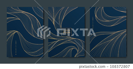 Vector set of luxury japanese pattern textures, wavy line design covers, sea, ocean graphic. Abstract golden posters, art deco flow cards Vector set of luxury japanese pattern textures, wavy line design covers, sea, ocean graphic. Abstract golden posters, art deco flow cards 108372807