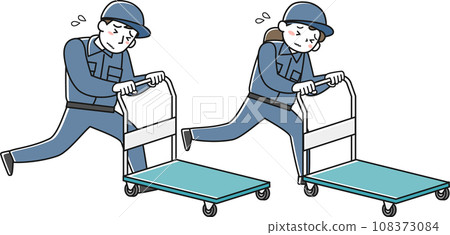 一群穿著工作服的男女拼命推著手推車 一群穿著工作服的男女拼命推著手推車 108373084