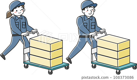 穿著工作服的女人和男人用手推車搬運行李 穿著工作服的女人和男人用手推車搬運行李 108373086