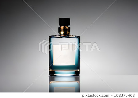 Blue bottle perfume mockup studio shot, isolated background, white label, marketing and product presentation. 108373408