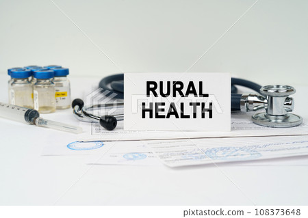 On the medical documents there is a stethoscope, syringe and a business card with the inscription - rural health 108373648