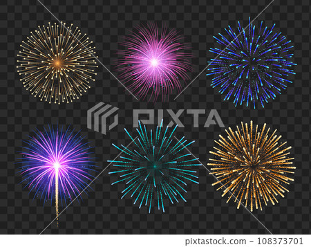 Colorful set of realistic shiny fireworks 108373701