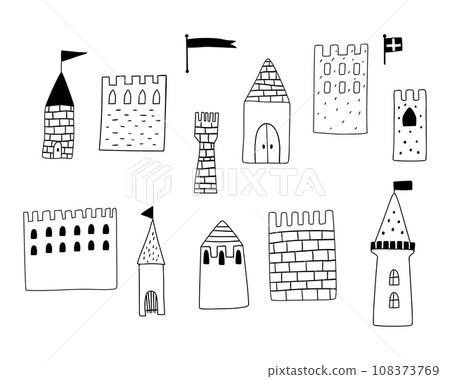 Princess castle vector set. Black doodle medieval castles elements isolated on white. Cute buildings for boys or girls 108373769