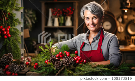 An older woman florist makes and decorates a Christmas wreath from fir branches with red berries and holly branches An older woman florist makes and decorates a Christmas wreath from fir branches with red berries and holly branches 108373819