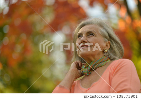 Senior woman walking in the park in autumn.  108373901