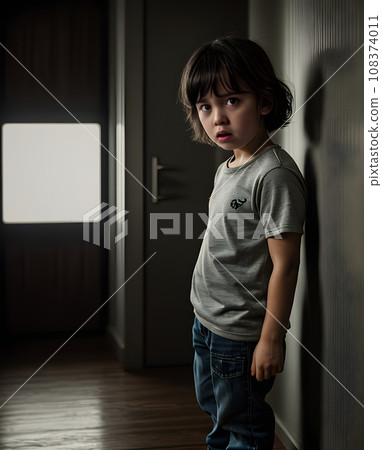 Fearful child with slender waist bright lights. 108374011