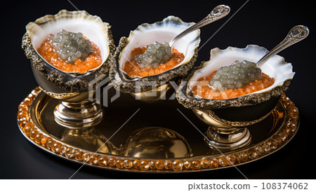 Fresh oysters, garnished with red caviar and lime. Served on platter. Dark background Fresh oysters, garnished with red caviar and lime. Served on platter. Dark background 108374062