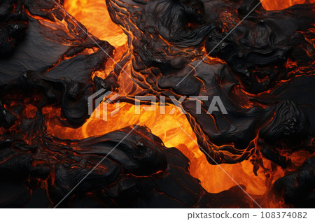 Red Orange vibrant Molten Lava flowing onto grey lavafield and glossy rocky land near hawaiian volcano with vog on background Red Orange vibrant Molten Lava flowing onto grey lavafield and glossy rocky land near hawaiian volcano with vog on background 108374082