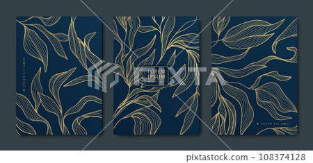 Vector art deco, luxury golden floral covers. Line japanese style leaves and flowers, nature texture patterns, cover, flyer templates. Elegant wavy vintage brochures Vector art deco, luxury golden floral covers. Line japanese style leaves and flowers, nature texture patterns, cover, flyer templates. Elegant wavy vintage brochures 108374128