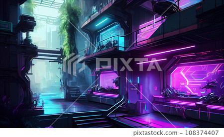 High-tech environment of neon cyberpunk city. Generative AI 108374407