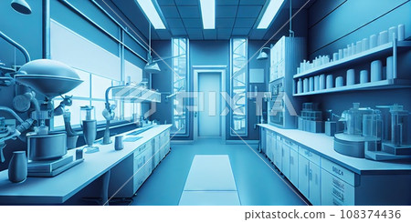 Modern biological or biochemical laboratory interior. Clean blue atmosphere. Generative AI Modern biological or biochemical laboratory interior. Clean blue atmosphere. Generative AI 108374436