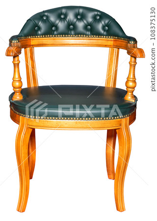 Wooden chair with curved legs and soft leather seat and backrest. Isolated on a white background. 108375130
