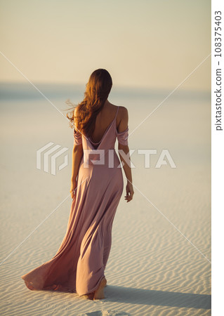 Walking in Desert Fashionable Woman Model in Evening Pink Dress Walking in Desert Fashionable Woman Model in Evening Pink Dress 108375403