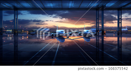 Busy airport view with airplanes and service vehicles  108375542