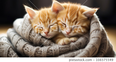 cute kittens lying together in a warm scarf 108375549