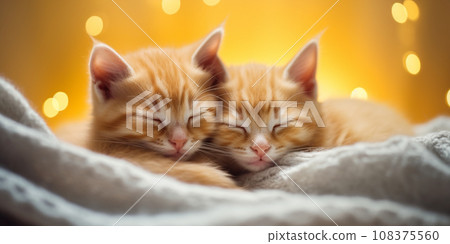 cute kittens lying together in a warm scarf 108375560
