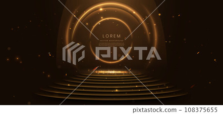 Abstract gold circle and star lighting effect dot neon gold light sparkle on on dark brown background. Luxury stage design. 108375655