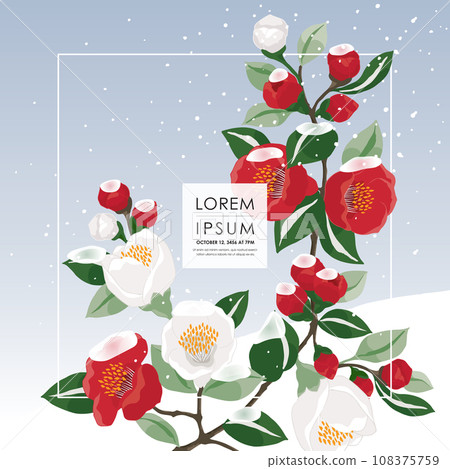 Vector Illustration of Floral Frame with Snowfall on Fully Bloomed Camellia Branches  108375759