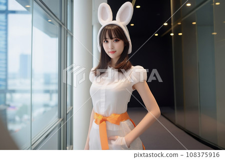 A girl wearing a costume at an amusement park A girl wearing a costume at an amusement park 108375916