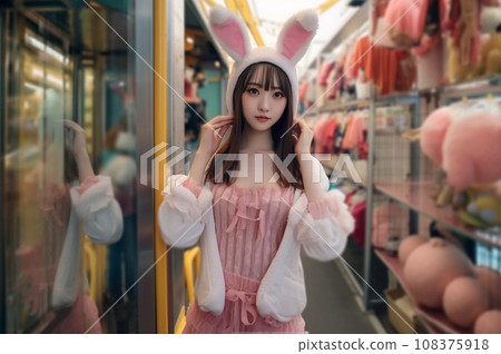 A girl wearing a costume at an amusement park A girl wearing a costume at an amusement park 108375918