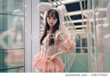A girl wearing a costume at an amusement park A girl wearing a costume at an amusement park 108375920