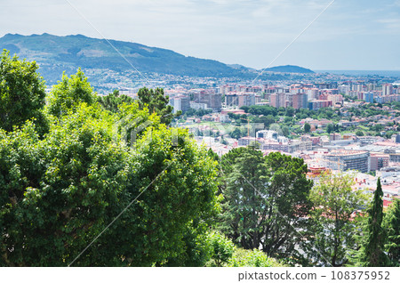 The view from the hill in Parque Monte del Castro, park located on a hill in Vigo, the biggest city in Galicia Region, in the North of Spain. View form the wall of the sea, selective focus 108375952