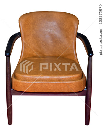 Wooden comfortable chair with soft brown leatherette upholstery, photographed from the front, isolated on a white background. Wooden comfortable chair with soft brown leatherette upholstery, photographed from the front, isolated on a white background. 108375979
