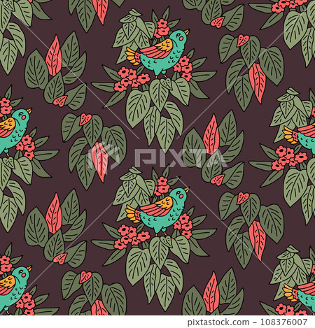 Seamless pattern with hand drawn cute birds and flowers motifs 108376007