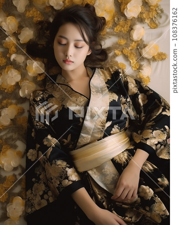 年輕美麗的和服女人站在黑色背景前擺姿勢 108376162