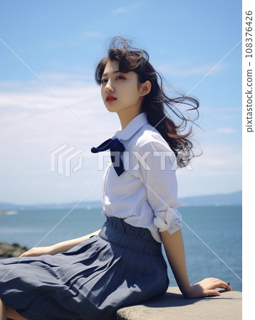 坐在沙灘上的女學生 108376426