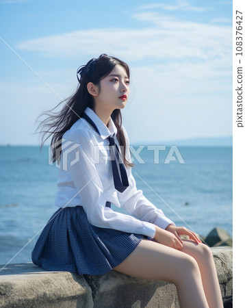 Female student sitting on the beach Female student sitting on the beach 108376427