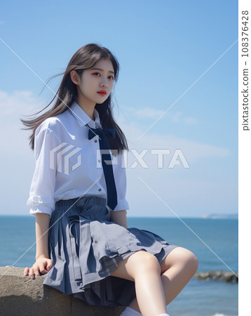 Female student sitting on the beach 108376428