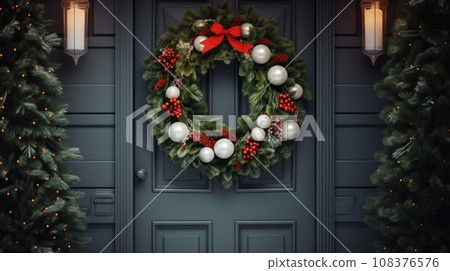 Beautiful Christmas wreath hanging on wooden door Beautiful Christmas wreath hanging on wooden door 108376576