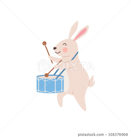 Trained hare or rabbit beats a drum cartoon flat vector illustration isolated. Trained hare or rabbit beats a drum cartoon flat vector illustration isolated. 108376908
