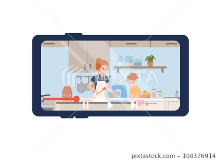 Video broadcast of lesson for cooking with children, flat vector isolated. 108376914