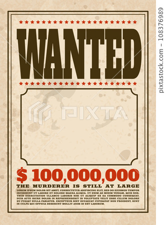 Western vintage Wanted poster, old west paper blank reward with stars and messages, wanted criminal photo frame vector 108376989