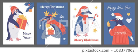 Christmas cards with funny penguins, vector illustration in flat style 108377002