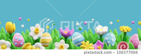 Easter seamless border, realistic 3D vector illustration, plasticine art 108377008