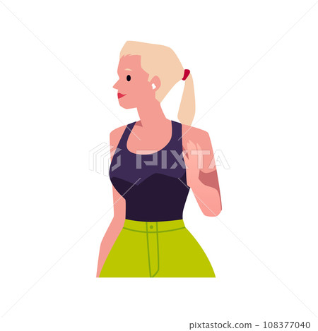 Deaf young blonde woman with hearing aid, vector character with hearing aid BTE device with microphone inserted into ear 108377040