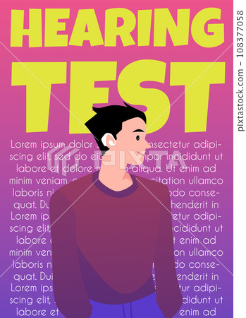Hearing test design concept, man with hearing aid, vector illustration 108377058