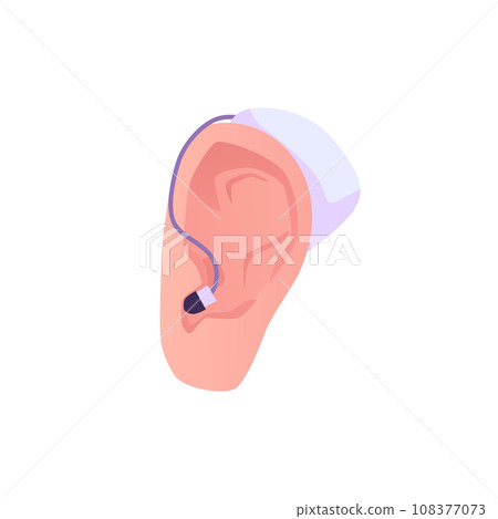 Ear with hearing aid, vector illustration in flat style. Isolated on white background. 108377073