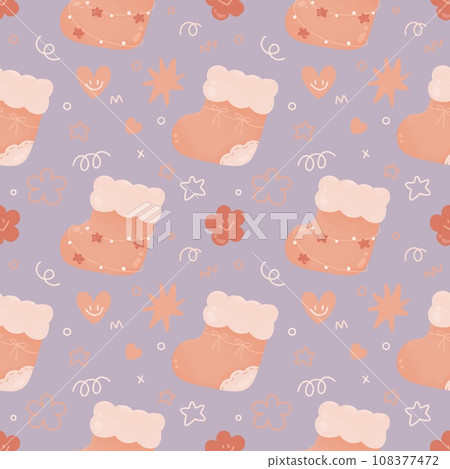 Cute pink christmas seamless pattern doodle stocking flower heart gifts and New Year's decor. Winter cozy print for kids. Cute pink christmas seamless pattern doodle stocking flower heart gifts and New Year's decor. Winter cozy print for kids. 108377472