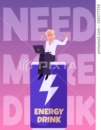 Active young businesswoman with laptop is sitting on huge Energy drink can, vector full of positive power and vitality Active young businesswoman with laptop is sitting on huge Energy drink can, vector full of positive power and vitality 108377559