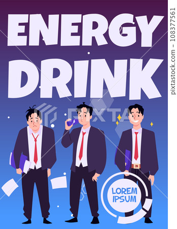 Tired, sleepy man and happy active businessman, drink energy drink and get a lot of vitality, Energy drink vector poster 108377561