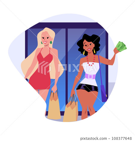 Rich girls spend money on fashion and luxury items vector illustration isolated. 108377648