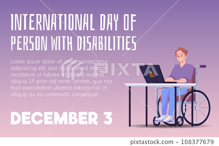 International day of person with disabilities vector poster, disabled man in wheelchair working at laptop, handicapped 108377679