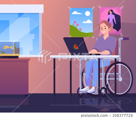 Man with disability in wheelchair working at table flat vector illustration. 108377728