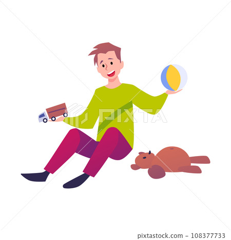 Hyperactive child with ADHD destroys his toys, flat vector illustration isolated. Hyperactive child with ADHD destroys his toys, flat vector illustration isolated. 108377733