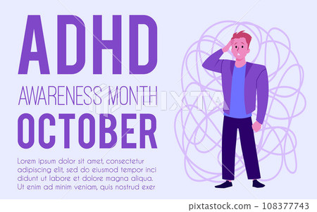 Man with adhd symptoms, suffers from obsessive thoughts, confusion, psychological stress, mind disorder vector poster 108377743