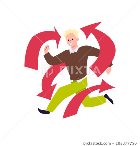 Man with ADHD hyperactivity symptoms, hurry running in panic, confusion, attention deficit vector character with arrows Man with ADHD hyperactivity symptoms, hurry running in panic, confusion, attention deficit vector character with arrows 108377750